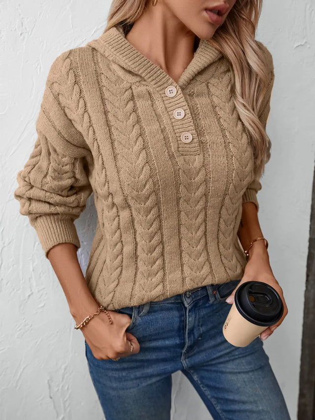 Cable-Knit Long Sleeve Hooded Sweater Trendsi Hanalas