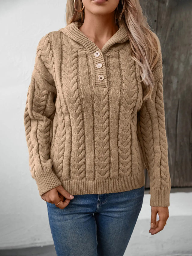 Cable-Knit Long Sleeve Hooded Sweater Trendsi Hanalas