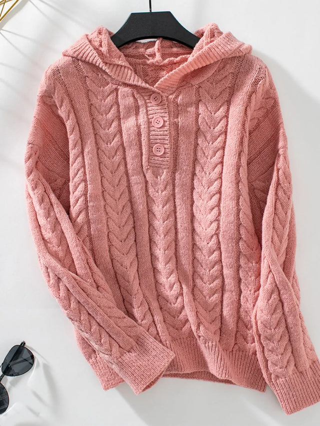 Cable-Knit Long Sleeve Hooded Sweater Trendsi Hanalas