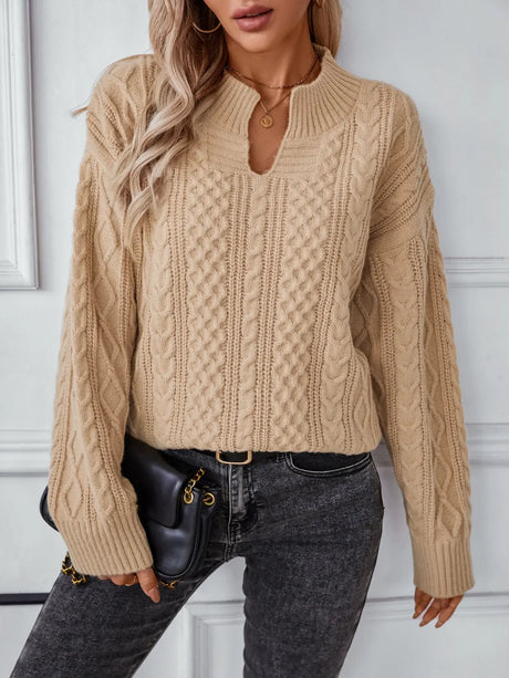 Cable-Knit Notched Long Sleeve Sweater Trendsi Hanalas