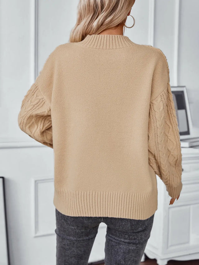 Cable-Knit Notched Long Sleeve Sweater Trendsi Hanalas