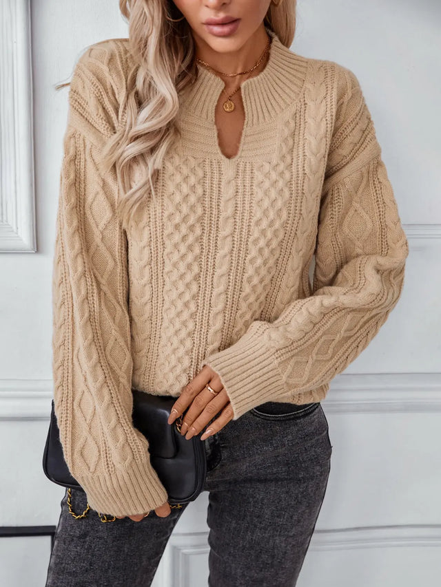 Cable-Knit Notched Long Sleeve Sweater Trendsi Hanalas