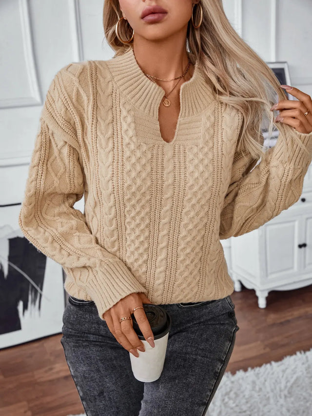 Cable-Knit Notched Long Sleeve Sweater Trendsi Hanalas