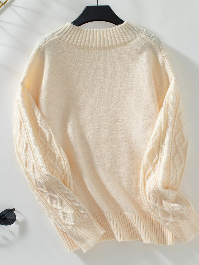 Cable-Knit Notched Long Sleeve Sweater Trendsi Hanalas