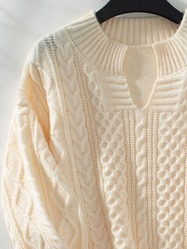 Cable-Knit Notched Long Sleeve Sweater Trendsi Hanalas