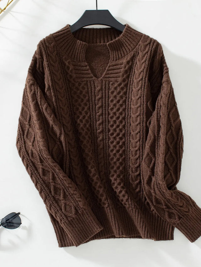 Cable-Knit Notched Long Sleeve Sweater Trendsi Hanalas