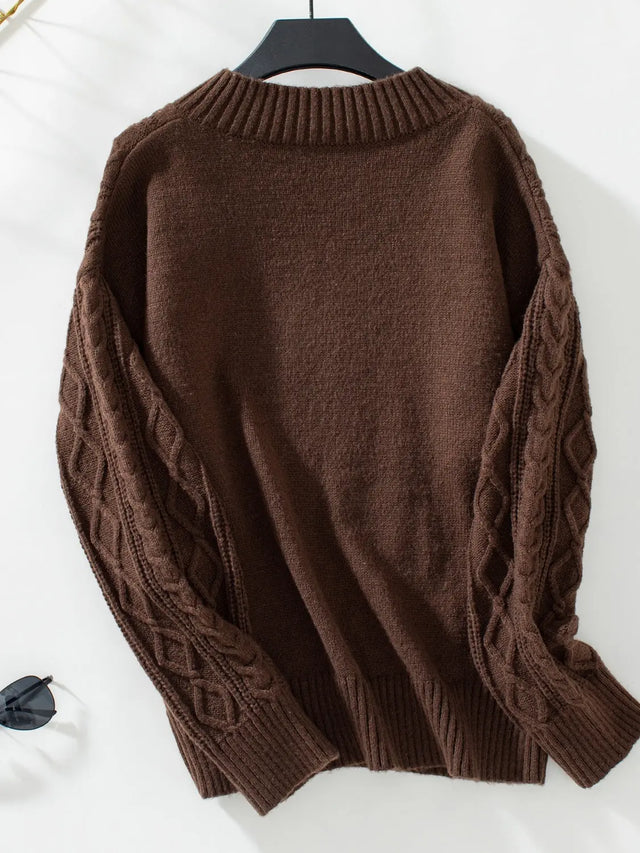 Cable-Knit Notched Long Sleeve Sweater Trendsi Hanalas