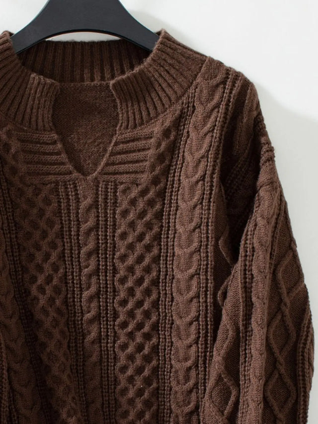 Cable-Knit Notched Long Sleeve Sweater Trendsi Hanalas