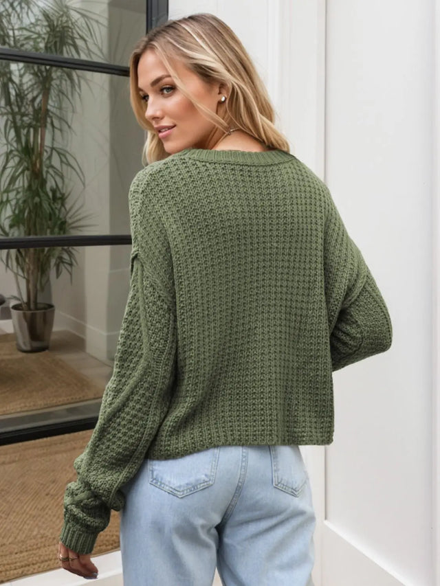 Cable-Knit Round Neck Dropped Shoulder Sweater Trendsi Hanalas