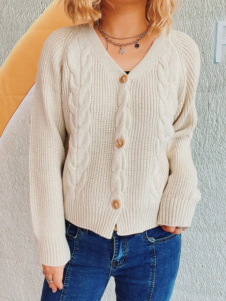 Cable-Knit V-Neck Button Down Long Sleeve Cardigan Trendsi Hanalas