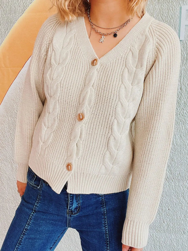 Cable-Knit V-Neck Button Down Long Sleeve Cardigan Trendsi Hanalas