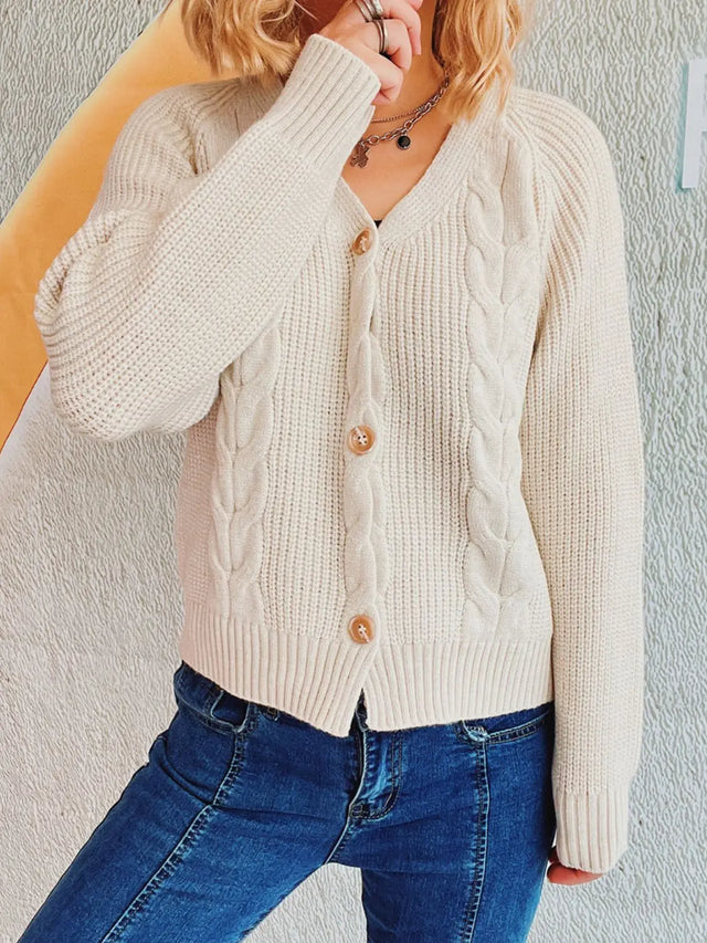 Cable-Knit V-Neck Button Down Long Sleeve Cardigan Trendsi Hanalas