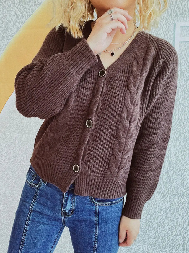 Cable-Knit V-Neck Button Down Long Sleeve Cardigan Trendsi Hanalas