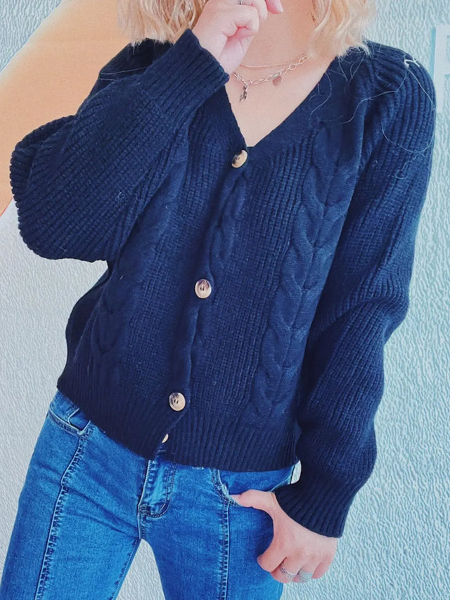 Cable-Knit V-Neck Button Down Long Sleeve Cardigan Trendsi Hanalas