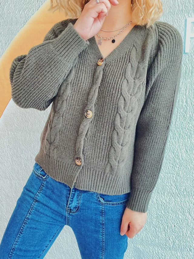 Cable-Knit V-Neck Button Down Long Sleeve Cardigan Trendsi Hanalas