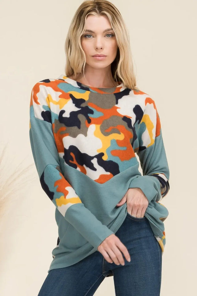 Celeste Full Size Camo Print Contrast Long Sleeve T-Shirt Trendsi Hanalas