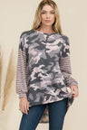 Celeste Full Size Camo Print High-Low T-Shirt with Stripe Sleeves Trendsi Hanalas