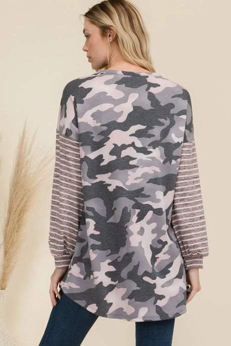 Celeste Full Size Camo Print High-Low T-Shirt with Stripe Sleeves Trendsi Hanalas