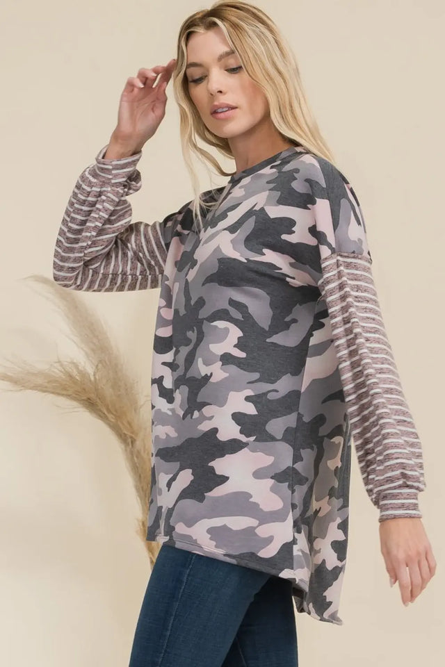 Celeste Full Size Camo Print High-Low T-Shirt with Stripe Sleeves Trendsi Hanalas