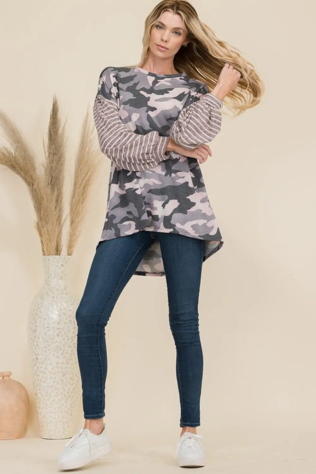 Celeste Full Size Camo Print High-Low T-Shirt with Stripe Sleeves Trendsi Hanalas