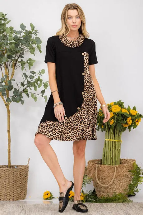 Celeste Full Size Decor Button Leopard Short Sleeve Dress Plus Size | Hanalas