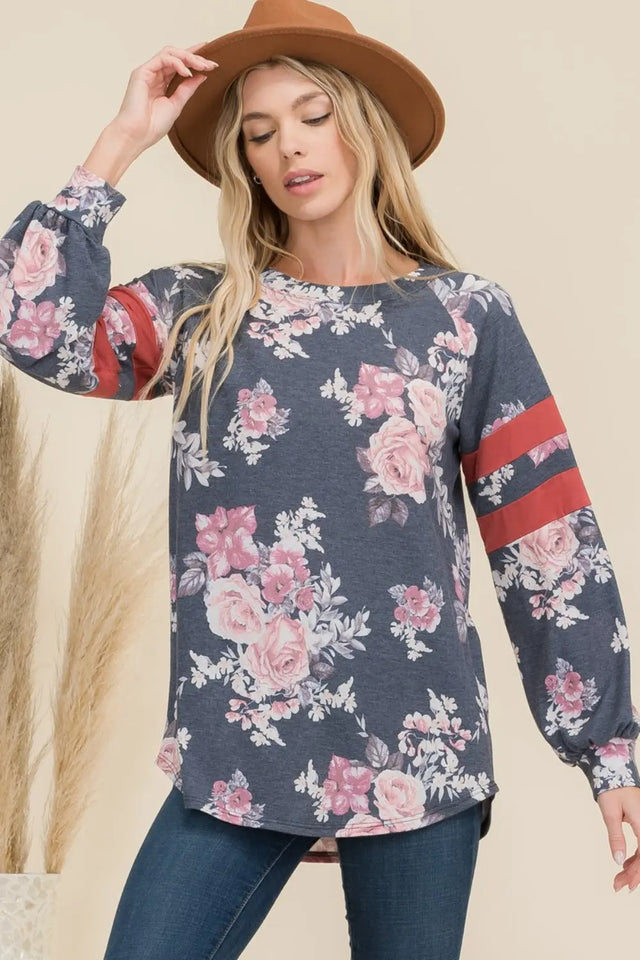 Celeste Full Size Floral Curved Hem T-Shirt with Stripe Detail Trendsi Hanalas