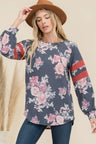 Celeste Full Size Floral Curved Hem T-Shirt with Stripe Detail Trendsi Hanalas