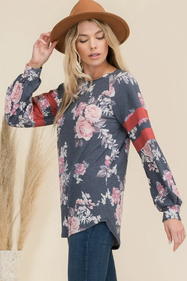 Celeste Full Size Floral Curved Hem T-Shirt with Stripe Detail Trendsi Hanalas