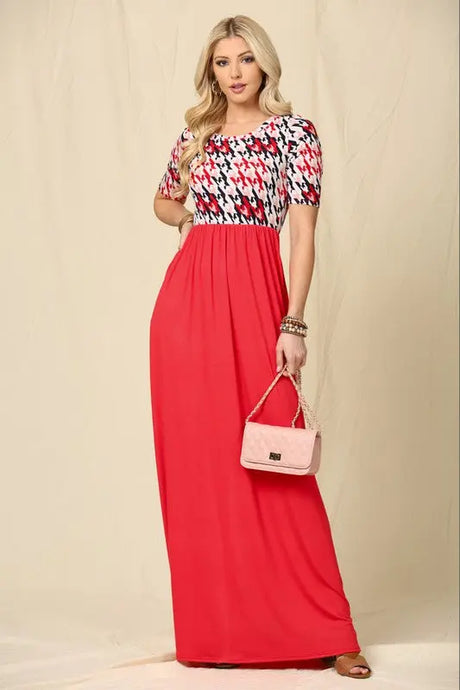 Celeste Full Size Houndstooth Round Neck Short Sleeve Maxi Dress Plus Size | Hanalas