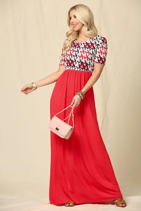 Celeste Full Size Houndstooth Round Neck Short Sleeve Maxi Dress Plus Size | Hanalas