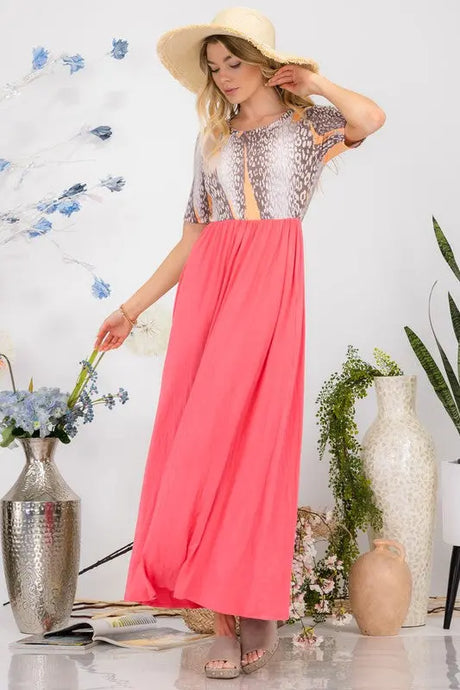Celeste Full Size Leopard Round Neck Short Sleeve Maxi Dress Plus Size | Hanalas