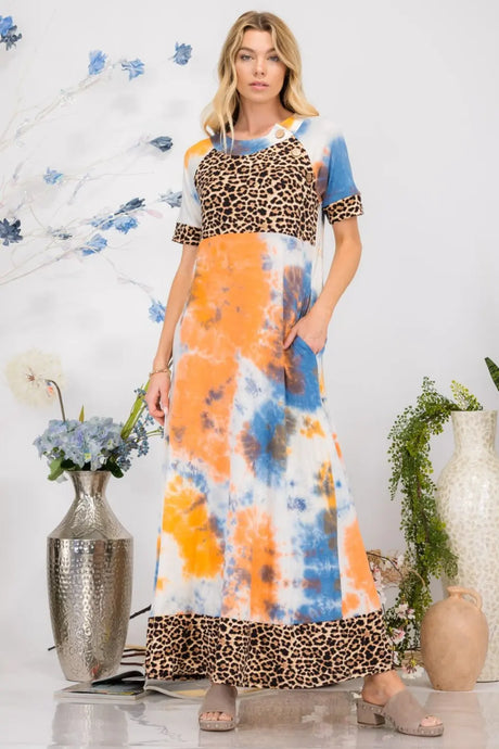 Celeste Full Size Leopard Tie-Dye Button Detail Short Sleeve Maxi Dress Plus Size | Hanalas