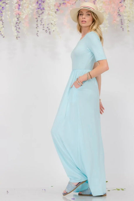 Celeste Full Size Round Neck Short Sleeve Maxi Dress with Pockets Plus Size | Hanalas