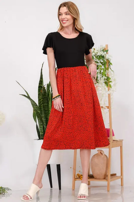 Celeste Full Size Two Tone Animal Print Flutter Sleeve Midi Dress Plus Size | Hanalas