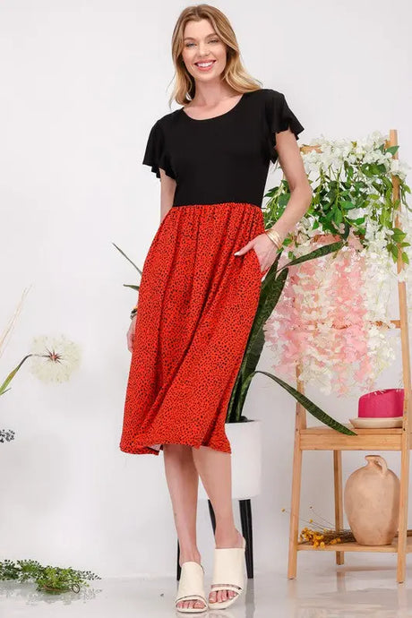Celeste Full Size Two Tone Animal Print Flutter Sleeve Midi Dress Plus Size | Hanalas