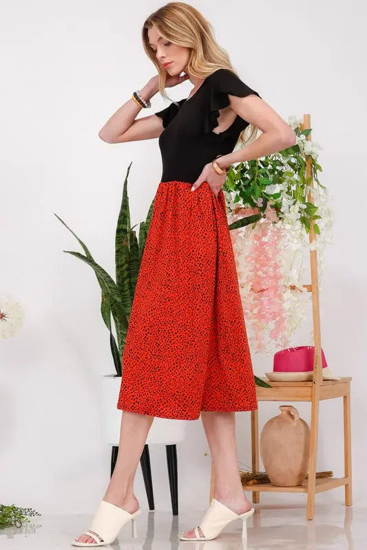Celeste Full Size Two Tone Animal Print Flutter Sleeve Midi Dress Plus Size | Hanalas