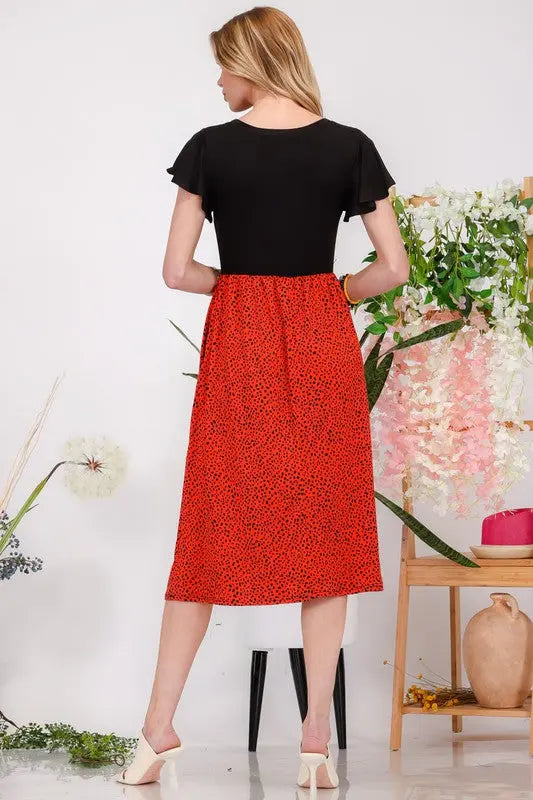 Celeste Full Size Two Tone Animal Print Flutter Sleeve Midi Dress Plus Size | Hanalas