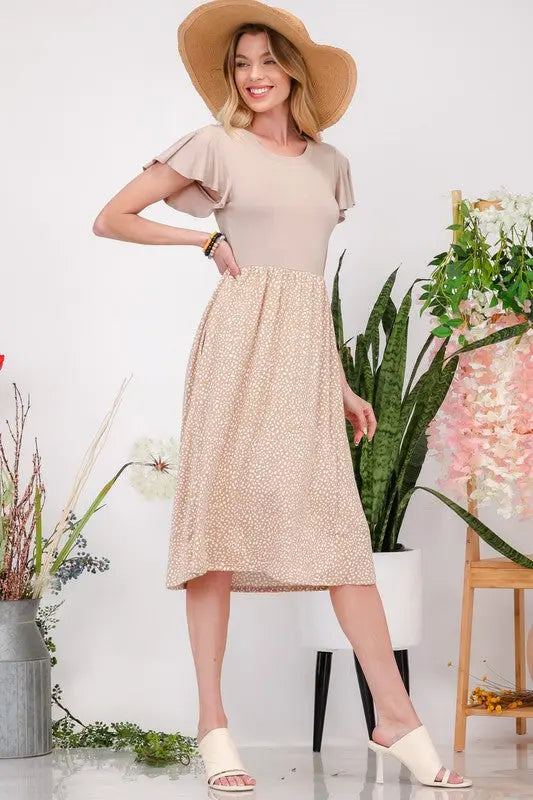 Celeste Plus Size Polka Dot Round Neck Flutter Sleeve Midi Dress | Hanalas
