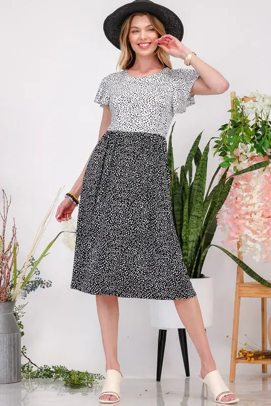 Celeste Plus Size Two Tone Polka Dot Flutter Sleeve Midi Dress | Hanalas