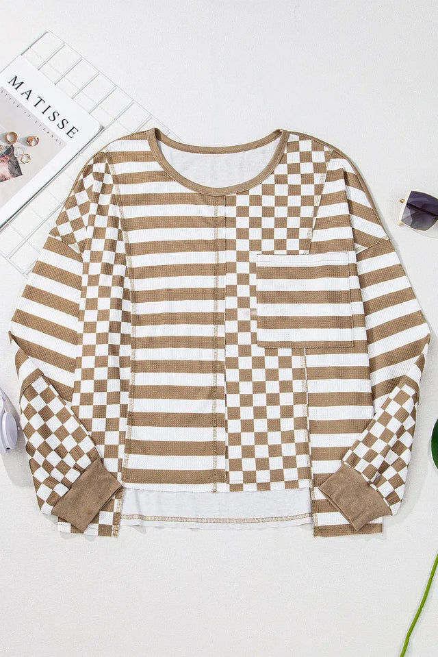 Checker & Stripes Round Neck Long Sleeve Blouse Trendsi Hanalas