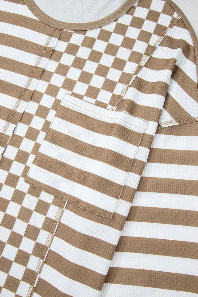 Checker & Stripes Round Neck Long Sleeve Blouse Trendsi Hanalas