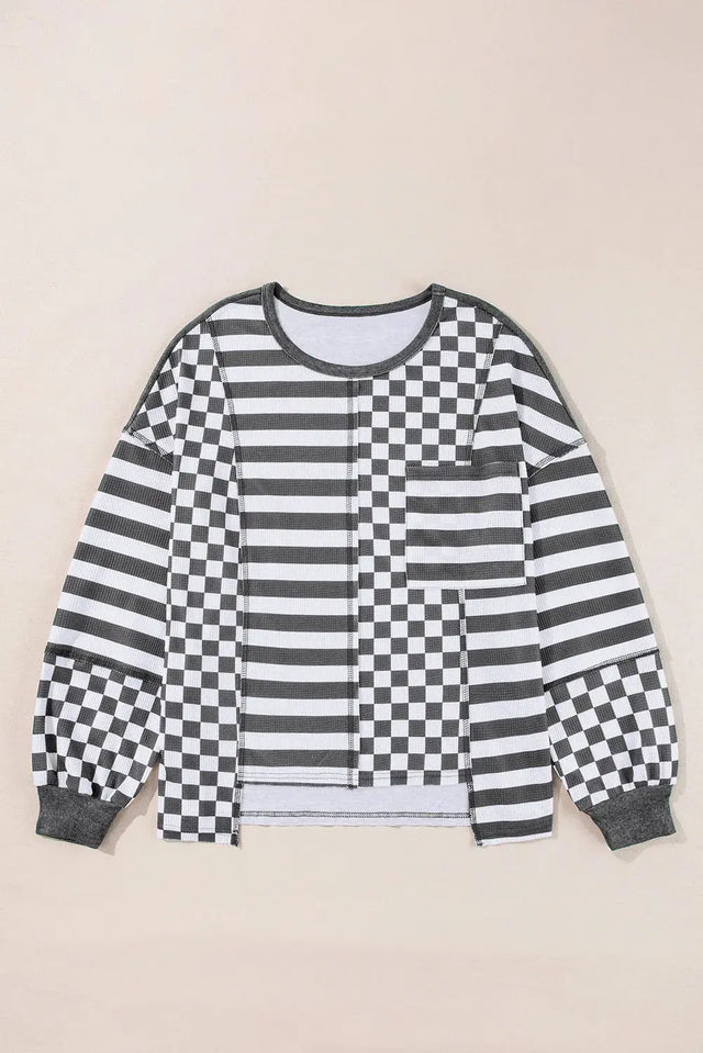 Checker & Stripes Round Neck Long Sleeve Blouse Trendsi Hanalas