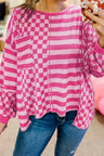 Checker & Stripes Round Neck Long Sleeve Blouse Trendsi Hanalas