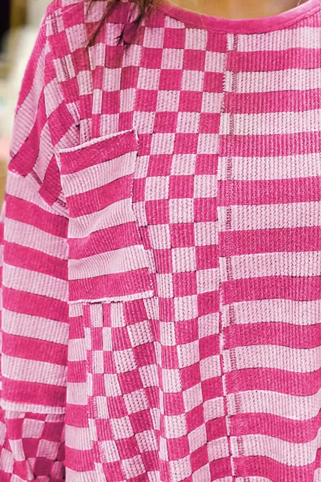 Checker & Stripes Round Neck Long Sleeve Blouse Trendsi Hanalas