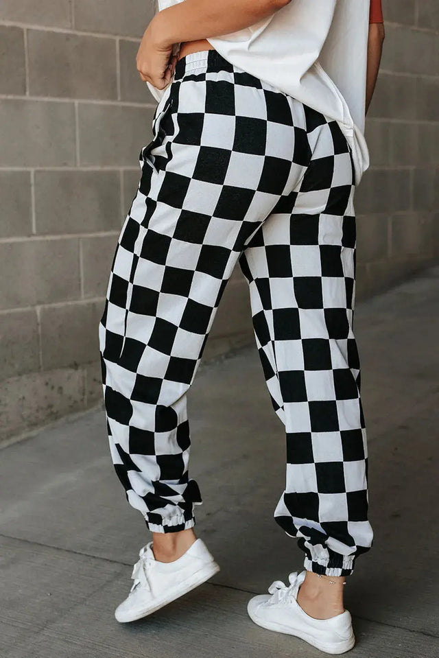 Checkered Elastic Waist Joggers Trendsi Hanalas