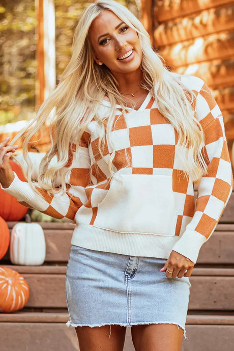 Checkered Long Sleeve Hooded Sweater Trendsi Hanalas