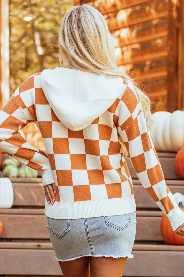 Checkered Long Sleeve Hooded Sweater Trendsi Hanalas