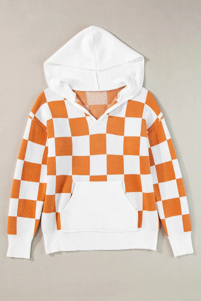 Checkered Long Sleeve Hooded Sweater Trendsi Hanalas