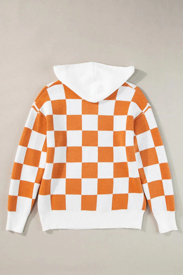 Checkered Long Sleeve Hooded Sweater Trendsi Hanalas