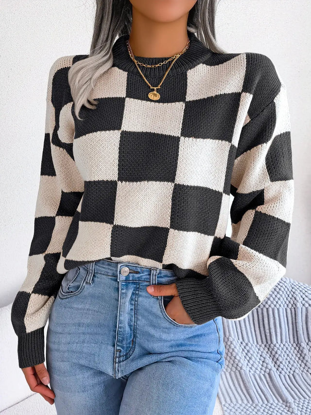 Checkered Mock Neck Long Sleeve Sweater Trendsi Hanalas